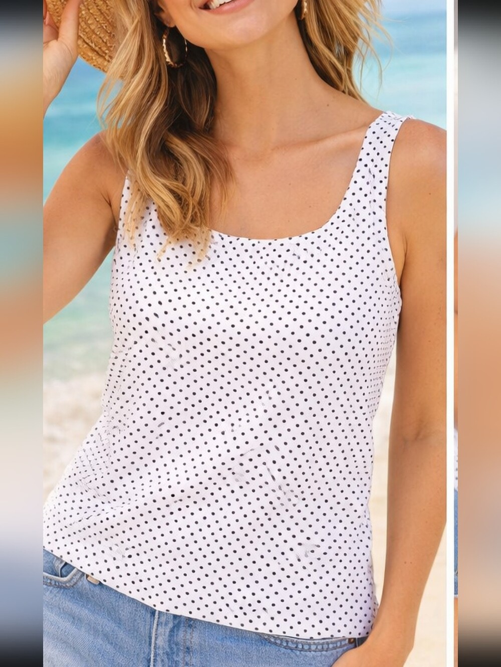 Karen Scott Stretch Cotton White/Black Polka Dots Tank Top Built-In-Bra Large